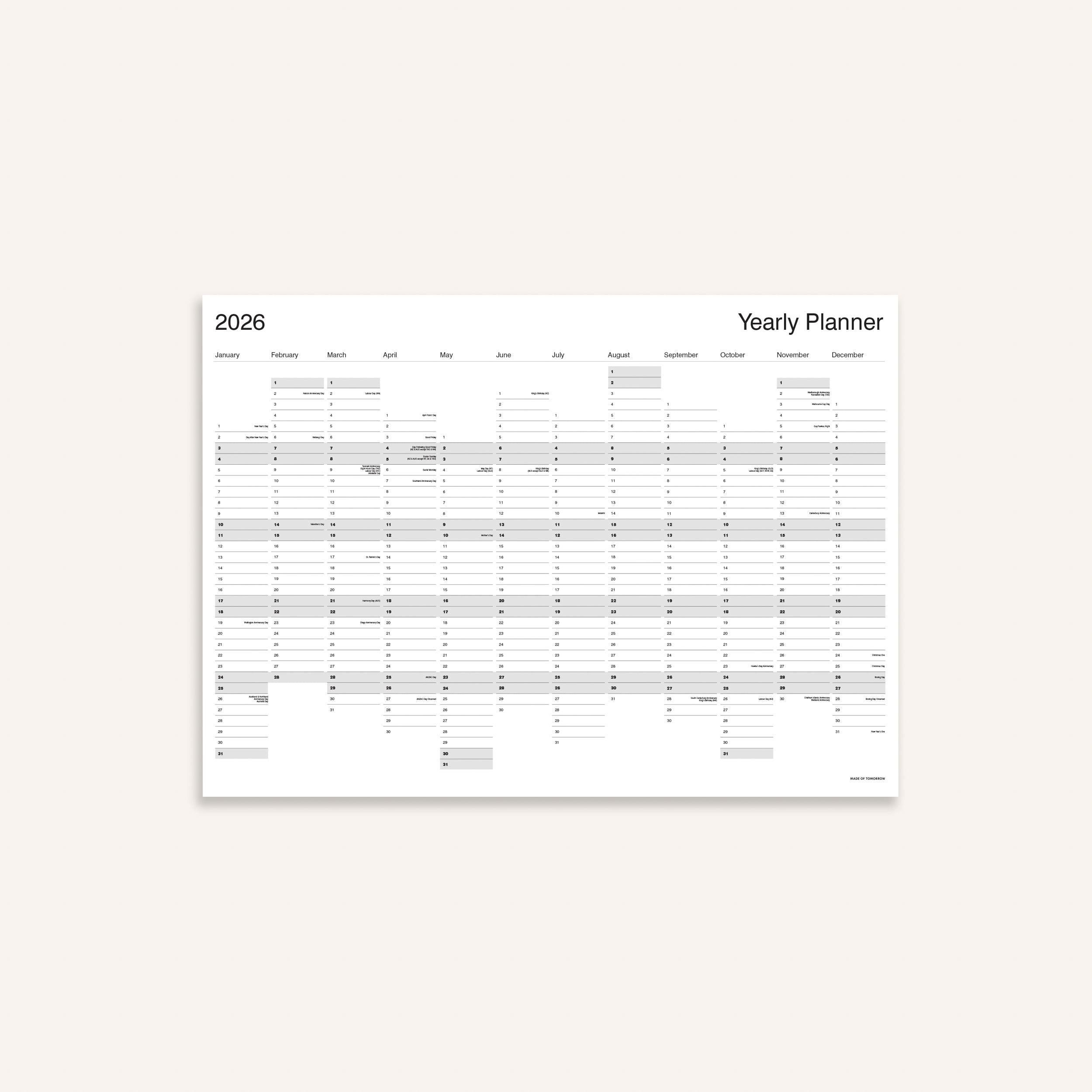 2026 Yearly Wall Planner